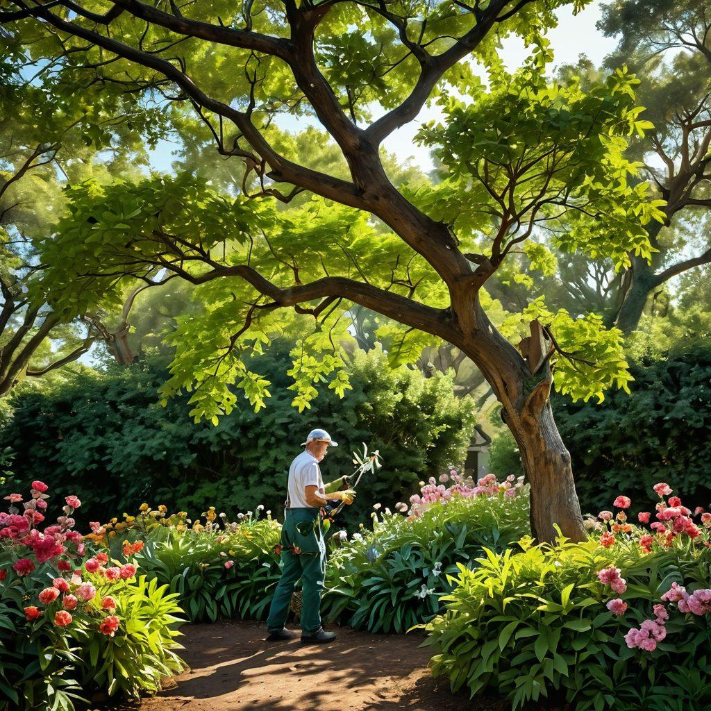 A serene landscape showcasing a skilled arborist tending to a majestic tree with vibrant green leaves, surrounded by blooming flowers and healthy plants. The scene captures the harmony between humans and nature, with tools like a pruning saw and gloves visible. Soft sunlight filters through the branches, creating a warm and inviting atmosphere. The backdrop includes a variety of trees, displaying lush foliage and colorful blossoms. botanical illustration. vibrant colors. serene atmosphere.