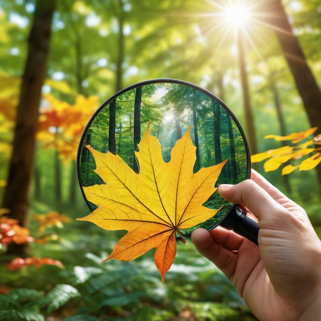 A lush, vibrant forest with a close-up of healthy leaves showcasing various types of trees in the background. Sunlight filters through the canopy, highlighting the textures and colors of the leaves, representing vitality and growth. Include a tree care expert examining a leaf with a magnifying glass, emphasizing the theme of tree health. super-realistic. vibrant colors. natural light.