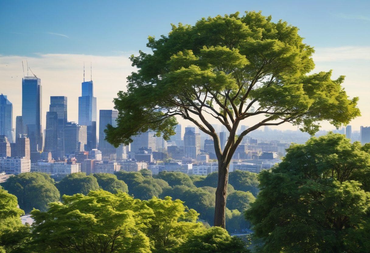 A lush urban landscape showcasing a diverse range of trees being expertly pruned by professional arborists, with tools in hand and a city skyline in the background. Highlight the vibrant greenery and the meticulous care taken in tree management, creating an inviting atmosphere. Include a clear blue sky and soft sunlight filtering through the leaves for a warm ambiance. super-realistic. vibrant colors. white background.